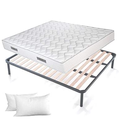 EVERGREENWEB Kit Rete e Materasso Matrimoniale 170x190 Alto 20 cm con 2 Cuscini Memory Foam Gratis, Set Letto Materasso Effetto MASSAGGIANTE e Rete Matrimoniale a Doghe in Legno Ortopedica, Offerta