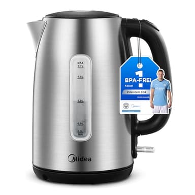 Midea Bollitore Elettrico 1,7L, Acciaio Inox, Kettle senza BPA, 2200 W, Bollitore Acqua con indicatore del livello dell'acqua, indicatore LED, Base di rotazione a 360°