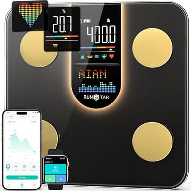 Bilancia Runstar Pesapesone, Bilancia Smart Con Display VA 8in1, Bilancia Pesapersone Digitale Alta Precisione Peso Corporeo, FC, BMI, Grasso Corporeo, 22 Dati Composizione Corporea, Sync App
