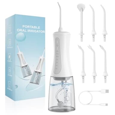 Idropulsore Dentale Portatile Senza Fili con Serbatoio da 350 ml, Set di irrigatori 5 Modalità e 5 Ugelli Kit Pulizia Denti Elettrico Impermeabile IPX7 per la Pulizia e la Cura dei Denti