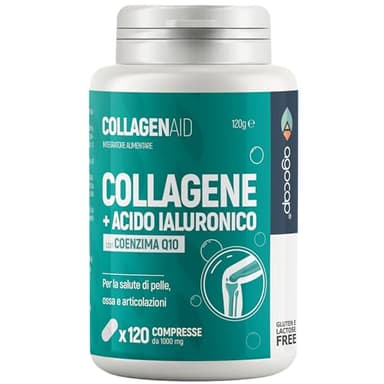 Collagene e Acido Ialuronico. Collagene idrolizzato, 120 compresse arricchite con Coenzima Q10. Collagene integratore, 1000mg con acido ialuronico compresse per pelle, ossa e Articolazioni, Agocap