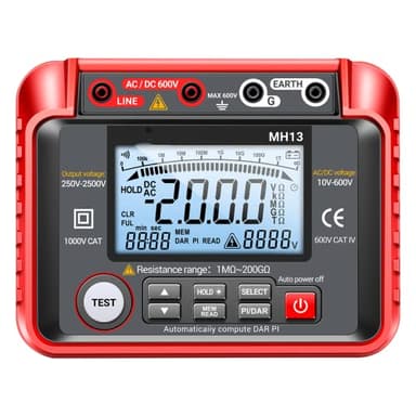 Mulcort MH13 - Tester di resistenza di isolamento digitale, 250 V-2500 V, 1 MΩ-200 GΩ, Megohm Test Meter Auto Range 2000 Counts LCD Display 10 V ~ 600 V AC/DC Voltmetro con 100 memoria dati