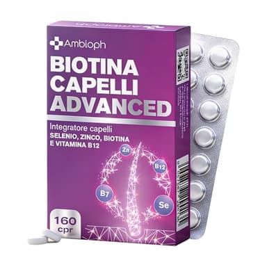 Biotina Capelli ADVANCED - Integratori per Capelli con Zinco, Selenio e Vitamina B12 – Formula rinforzante e di Crescita capelli, unghie e pelle – 160 cpr, Vitamine per capellì. BIOTINA - Ambioph
