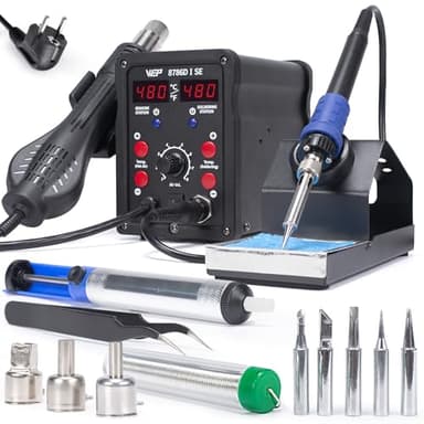 WEP 8786D-I SE Kit stazione saldante aria calda 2-in-1 per ricottura, desoldo con filo di saldatura senza piombo, 5 punte di saldatura, 3 ugelli per aria calda pinzette, pompa per il desoldo (EU Plug)