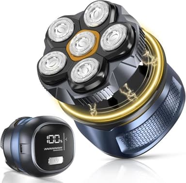 Rasoio Testa Calva 6D, Rasoio Elettrico Barba Uomo 2 Modalità Capelli 0 mm Tagliacapelli Professionale 180 Minuti Autonomia IPX7 Impermeabile, Rasoio Testa Magnetiche Porta di Carica USB-C Wet & Dry