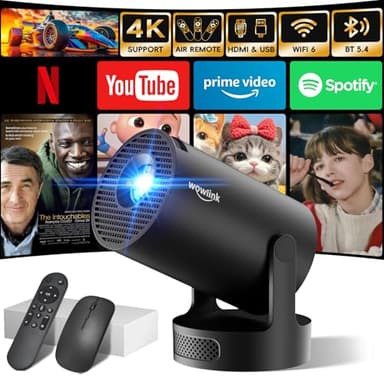 [Apps integrate & 2025 Upgraded] Mini Proiettore con WiFi 6 Bluetooth 5.4 Support 4K 1080P Auto Keystone Rotabile 180° Proiettore Portatile Compatibile con HDMI/TV Stick/Memory Stick/Laptop, Nero