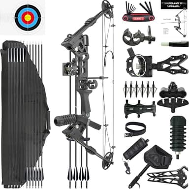 CENWTY Arco Compound Set Adulto 20-70 LBS Arco da Caccia e Pesca con L'Arco Freccia e Arco Composto Set Arco per Tiro con L'Arco Caccia Bersaglio Tiro Pratica Mancino Destrorso (Nero Destrorso)