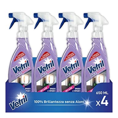 Vetril - Detergente Spray Vetri e Superfici con Antipolvere, Azione Antistatica e Brillantezza Senza Aloni, Ipoallergenico, 650 ml x 4