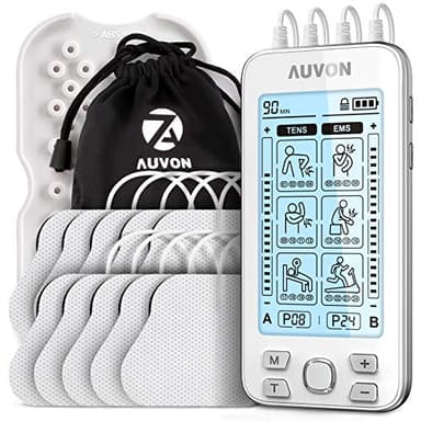 AUVON TENS EMS Elettrostimolatore, elettrostimolatore professionale a 4 Canale terapia antidolorifica con 24 modalità e 10 pezzi di Elettrodi TENS da 2"x 2" con un design brevettato (Bianchi)