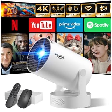 [Apps integrate & 2025 Upgraded] Mini Proiettore con WiFi 6 Bluetooth 5.4 Support 4K 1080P Auto Keystone Rotabile 180° Proiettore Portatile Compatibile con HDMI/TV Stick/Memory Stick/Laptop, Bianco