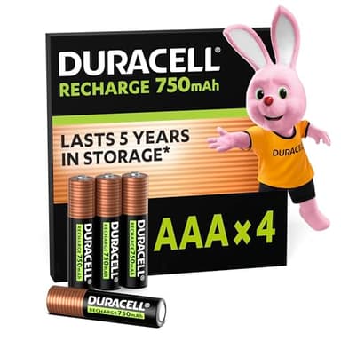 Duracell Batterie Ricaricabili AAA (Confezione da 4), Pile ricaricabili, 750 mAh NiMH, 1000 ricariche, pre-caricate, energia di lunga durata con una confezione plastic free e 100% riciclabile