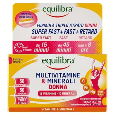 Equilibra Integratori Alimentari, Multivitamine & Minerali Donna, Integratore Tripla Azione di Magnesio, Ferro, Acido Folico e Vitamina C, Senza Glutine, 30 Compresse Triplo Strato a Rilascio Graduale