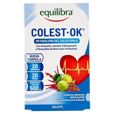 Equilibra Integratori Alimentari, Colest Ok, Integratore con Amaranto, Estratto di Bergamotto Italiano e Monacoline da Riso Rosso Fermentato, per il Metabolismo del Colesterolo, 20 Compresse