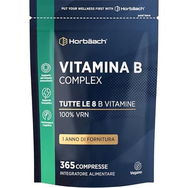 Vitamina B Complex Alto Dosaggio | 365 Compresse Vegane per 1 Anno | Integratore con Biotina Acido Folico e Colina | Vitamina Gruppo B Completo con Vitamina B1, B2, B3, B6, B12 | Horbaach