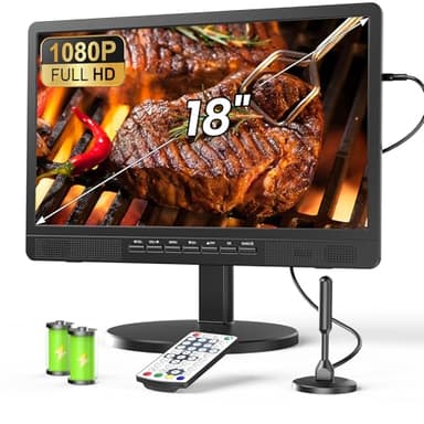 Desobry 18 pollici TV portatile con antenna, Mini TV LCD con sintonizzatore DVB/T2, 12V televisione ricaricabile 6000mAh con supporto rotondo per campeggio all'aperto, camera da letto, cucina