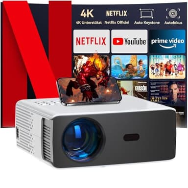 Smart Proiettore 4K [messa a fuoco elettrica e auto Keystone] Proiettore TV con apps, Full HD 1080P Projector con proiettore WiFi5, 20000 lumen Videoproiettore per Smartphone, TV Stick,HDMI,USB,AV