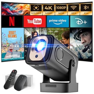 Proiettore 2025 [Auto Focus & 1080P Nativo & Apps integrate] Mini Proiettore 4K Auto Correction WiFi 6 Bluetooth 5.4 Videoproiettore Portatile Compatibile con HDMI/TV Stick/Memory Stick/Laptop, Nero