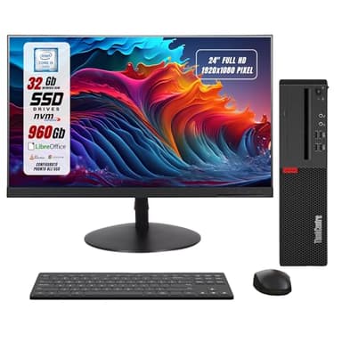 Lenovo, Postazione Completa, Pc Desktop Intel i5-6th 4 Core, Ram 32Gb SSD 960Gb, Monitor 24" FHD, Libre Office, Compreso di Mouse e Tastiera (Ricondizionato)