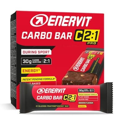 Enervit, Carbo Bar C2:1PRO Brownie, Barrette Energetiche, 30g di Carboidrati, Gusto Cioccolato, Per Attività di Endurance, +50% di Carboidrati Assorbiti, Senza Glutine, VeganOk, 12 Barrette da 45g