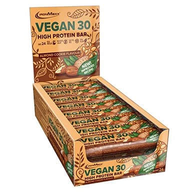 IronMaxx Vegan 30 Barrette Proteiche – Gusto Biscotto alle Mandorle – 24 x 35 g, 26% Proteine Vegetali, Basso Contenuto di Zuccheri, Senza Soia e Olio di Palma