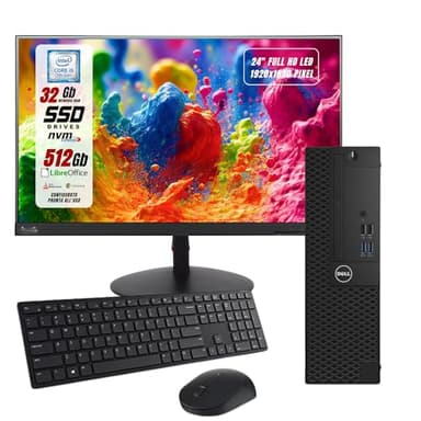 Postazione Completa Pc Desktop Dell Pronto All'Uso Intel i5-7500 4 Core 3.4Ghz, Ram 32Gb, SSD 512 Gb, Monitor 24" FHD, Libre Office, Compreso di Mouse e Tastiera (Ricondizionato)