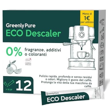 GREENLY PURE Decalcificante Universale per Macchine da Caffè, 100% Acido Citrico di Qualità Alimentare, Anticalcare per Acqua, 12 bustine da 15g