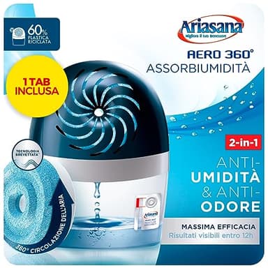 Ariasana Aero 360° kit Assorbiumidità (1 Dispositivo incl. 1 Ricarica Tab 450g), Deumidificatore non Elettrico e Riciclabile, Assorbi Umidità contro Condensa e Muffa