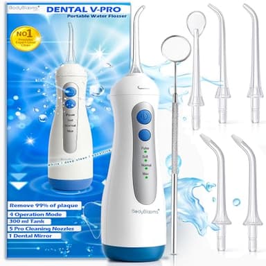 Idropulsore Dentale Portatile DENTAL V-PRO da 300ml |Water flosser Potente,Ricaricabile e Impermeabile| Irrigatore Orale per pulizia denti |Rimuovi tartaro denti e sporco da casa |5 ugelli +1 specchio