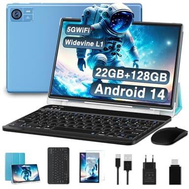 SUAAT Tablet Android 14 10 Pollici 22GB RAM+128GB ROM(1TB TF), 8000 mAh,Octa-Core T606,2.0Ghz, WiFi5G+2.4G, GPS, 8MP + 5MP, Bluetooth 5.0,Cast, Tablet PC con Custodia, Tastiera e Mouse, Blu