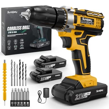 Sundpey Trapano Avvitatore Batteria 21V - Avvitatore a Batteria con 2 Batterie da 2.0Ah, 45Nm Max, 18+1 Coppia, 10mm Mandrino Trapano, Led Luce, 2 Velocita, 19pcs Avvitatore Elettrico Per Fai da te