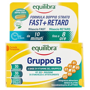 equilibra, Vitamine Gruppo B, Alto dosaggio B12 1000 mcg con Rilascio FAST e Fino a 8 Ore, Vegan, 30 Compresse Doppio Strato, Benessere Fisico-Mentale, Riduce Stanchezza e Affaticamento
