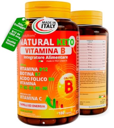 Vitamina B Complex con 8 vitamine B|Vitamine gruppo b max dosaggi|Complesso vitamina b con vitamina b6, b1, b3, b5, b9 Biotina, Acido folico, vitamina b12 1000ug e Vitamina C|MADE IN ITALY