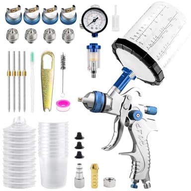 BENTOHKLE HVLP Pistola a spruzzo con 10 Tazza di Vernice Usa e Getta, 650ML, Professionale Pistola per Verniciare 4 ugelli da 1,4 mm/1,7 mm/ 2,0 mm/2,5 mm, & Manometro (blu)