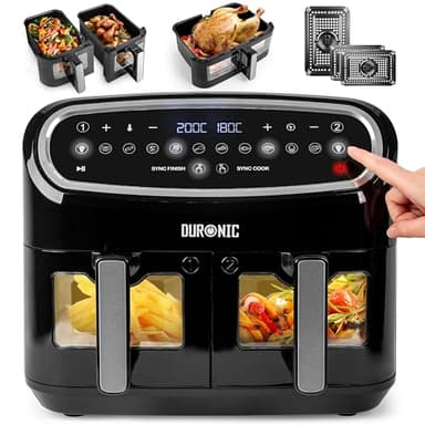 Duronic AF34 BK Friggitrice ad Aria XXL, Air Fryer 2400W, Fornetto elettrico 2 cestelli e 1 cestello grande, Friggitrice senza olio, Friggitrice ad aria calda, Cottura sincronizzata, Pollo, patate
