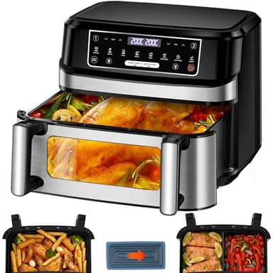 Friggitrice ad Aria 12 Litri con Ricettario | Air Fryer XXL Doppia Singola Zona Regolabile, 8-in-1 Friggitrice Aria Doppio Cestello Temp Indipendente, Airfrye Grande Max 200°C Finestra & Luce Interna