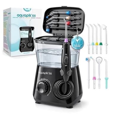 Aquapik 100 Idropulsore dentale professionale Water Flosser con 9 Ugelli Multifunzione 10 valori nominali di pressione dell'acqua regolabili 600ml Rimozione della Placca Dentale (c. Ne)