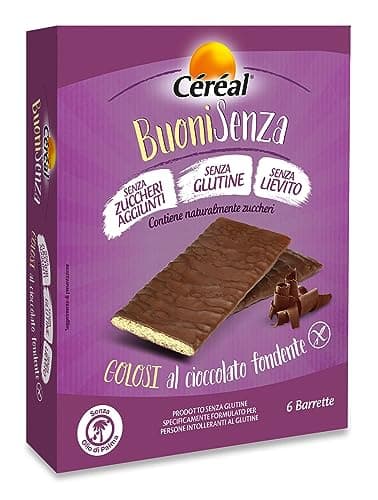 CÉRÉAL BUONI SENZA, Golosi al cioccolato fondente, Snack senza zuccheri aggiunti, Biscotti ricoperti di cioccolato senza glutine e senza lievito, 77 calorie per barretta, 102 gr, 6 barrette