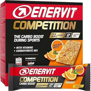 Enervit, Competition Bar Arancia, Barrette Energetiche con Pezzi d'Arancia, Formula Tecnica, Adatte Durante Attività ad Alta Intensità, 22g di Carboidrati, VeganOK, Senza Glutine, 12 Barrette da 30g