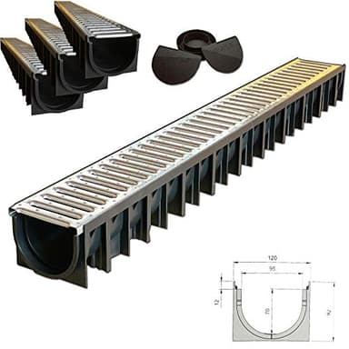 Canaletta di Scolo Acqua Piovana 120x92 mm - Kit 3 Canali in PP-PE con Griglia Zincata A15 - Sistema Drenaggio per Acqua Carrabile Garage Interrati Cortili - Bloccaggio Integrato