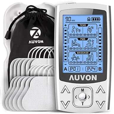 AUVON Elettrostimolatore muscolare professionale, 2 canali e 24 modalità TENS Elettrostimolatore 3 in 1 con 12 elettrodi TENS 2"x2" con design brevettato per alleviare il dolore e costruire muscoli