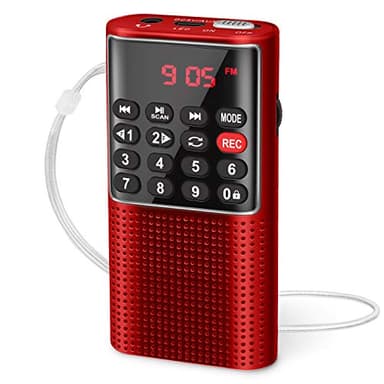 PRUNUS J-328 Mini Radio Portatile Tascabile, Radiolina FM Walkman Digitale con Registratore, Lettore Musicale Mp3 SD/TF/AUX, Batteria Ricaricabile e Tasto di Blocco per Camminate, Viaggio (Rosso)
