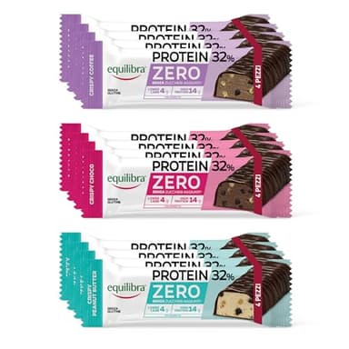 Equilibra Alimenti Proteici, 32% Zero, Barrette Senza Zuccheri Aggiunti, Crispy Peanut Butter, Choco e Coffee, Lower Carb, High Protein, No Glutine, 12 pezzi da 45g