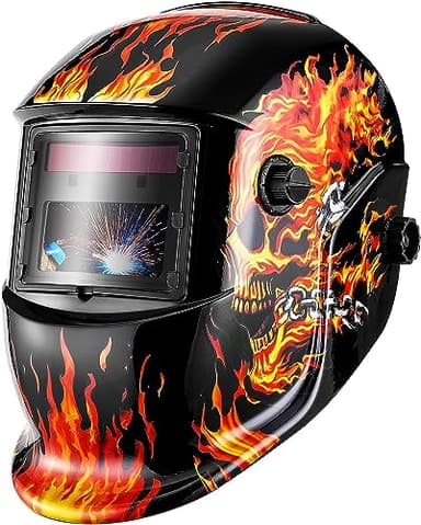 DEKO Maschera saldatore Casco oscurante autoalimentato solare con gamma di ombre regolabili 4/9-13 per Mig Tig Maschera per saldatore ad arco Scudo a forma di teschio fiammeggiante