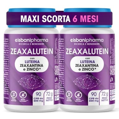 CISBANI PHARMA Luteina e Zeaxantina ad Alto Dosaggio, Integratore Occhi Vista Antiossidante da 800mg (Scorta per 6 mesi) con Mirtillo Nero e Rosso, Zinco, Vitamine A, B2, E - Zeaxalutein 180 Compresse