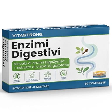 Enzimi Digestivi Completi Vitastrong con Chiodi di Garofano, Miscela Brevettata DigeZyme, Maltodestrina, Alfa Amilasi, Proteasi, Cellulasi, Lipasi, Lattasi Compresse Vegan Senza OGM, Glutine, Lattosio