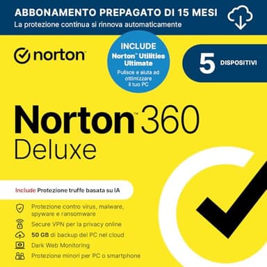 Norton 360 Deluxe 2025 + Utilities Ultimate | Antivirus 5 dispositivi | 50 GB backup | 15 mesi rinnovo automatico | 1 Utente | Codice d'attivazione via email”