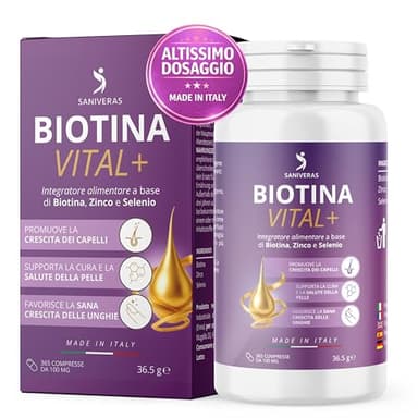 SANIVERAS Biotina INTEGRATORE PER CAPELLI, UNGHIA, PELLE - 365 COMPRESSE Vitamine Anticaduta e Crescita per Capelli Donna Uomo con Zinco Selenio MADE IN ITALY