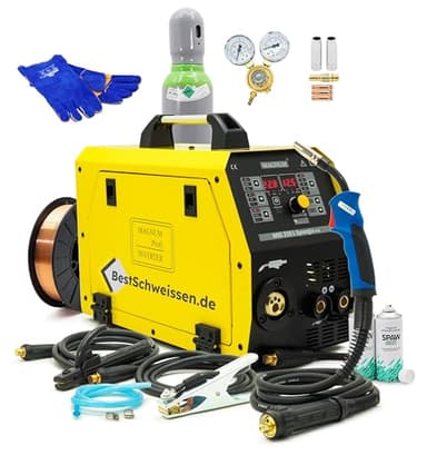 Saldatrice a Filo Continuo MAGNUM MIG 210L Saldatrice Elettrodo 200A Inverter MIG/MAG/MMA Synergia 4x4 No Gas FLUX Professionale + Bombola Argon 8L Filo 5kg Spray Kit Completo (Set1)