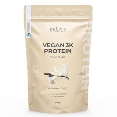 nutri+ Proteine in Polvere vegane Vaniglia 1 kg - 83% Polvere proteica 3k a Base vegetale - 1000 g vegan Protein Vanilla Cream - senza Lattosio, Stevia, Glutine