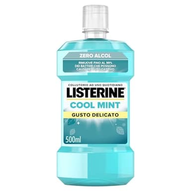 LISTERINE Cool Mint, Collutorio 0% alcol al gusto Menta a base di Oli Essenziali Antibatterici di Menta, Timo, Betulla, Collutorio Listerine senza alcool per un'igiene orale completa, 500 ml